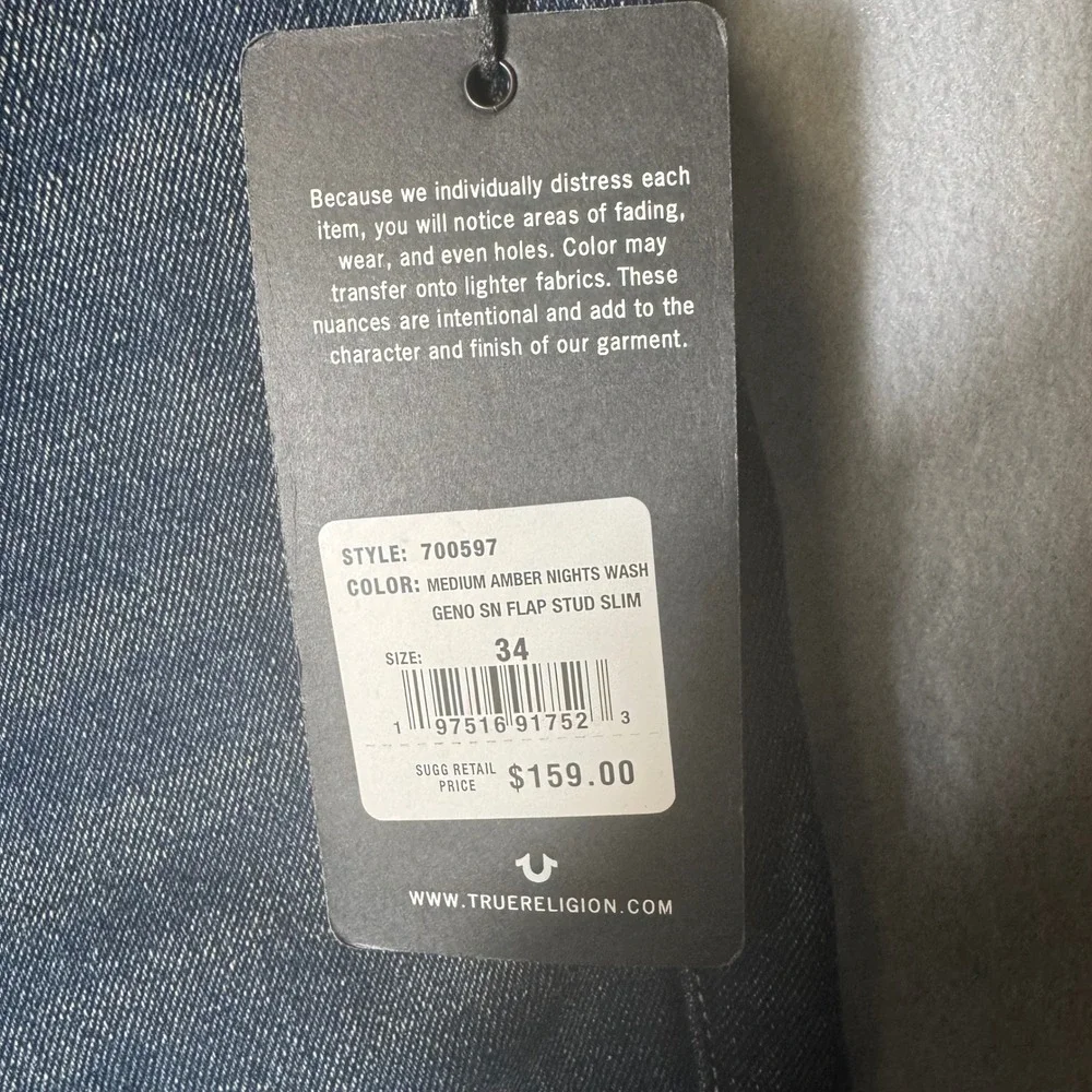 True Religion Geno Relaxed Slim Jeans 34 Medium Amber Nights Studded Flap 700597